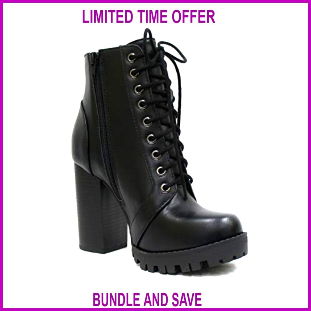 Lace Up Ankle Boots with Stacked Heel and Side Zipper - Picture 4 of 5